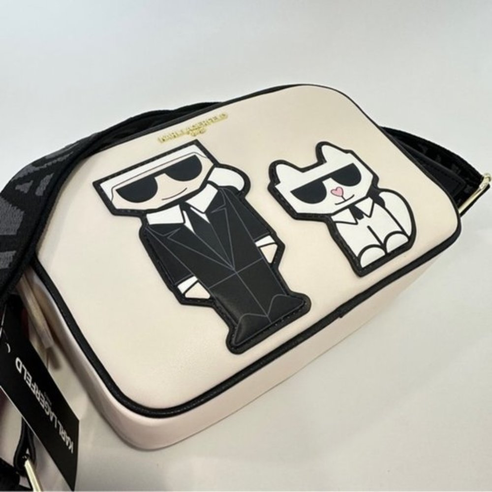 Karl Lagerfeld White and Black Crossbody Camera Bag with Iconic Cartoon Motif - Picture 2 of 12
